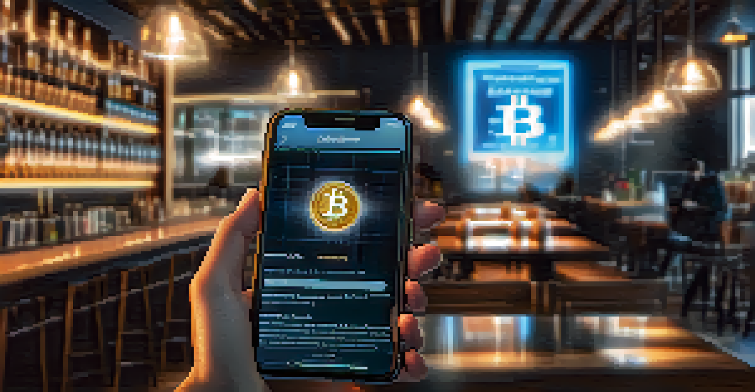 A person using a smartphone in a café to send bitcoin, with a holographic interface showing transaction details.
