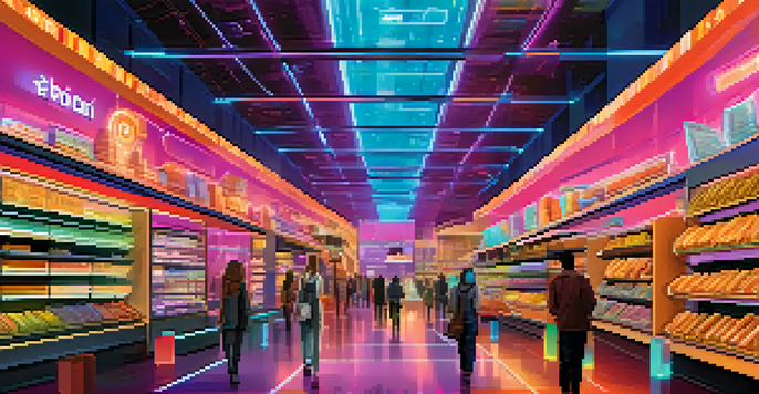 A futuristic e-commerce marketplace with holographic Bitcoin displays and diverse shoppers using technology in a vibrant setting.