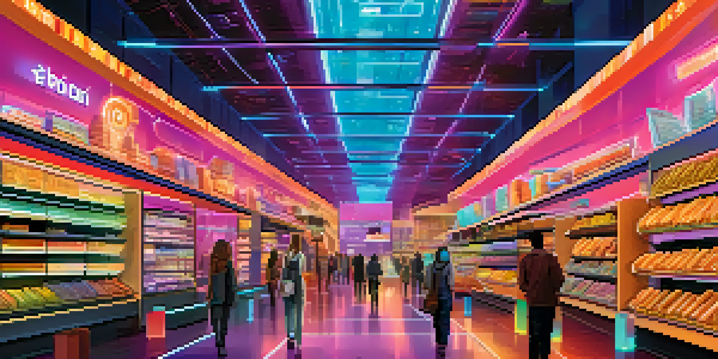 A futuristic e-commerce marketplace with holographic Bitcoin displays and diverse shoppers using technology in a vibrant setting.