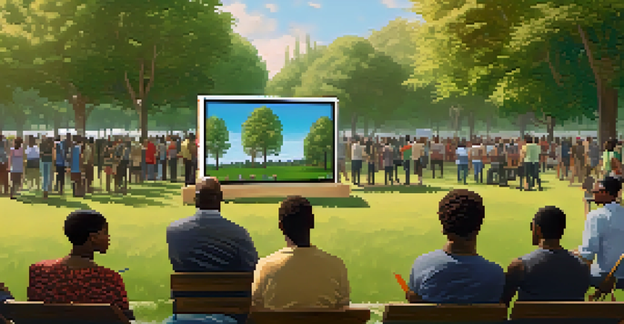 A diverse group of people in a park, gathered around a digital screen showing a voting interface, engaging in discussions about governance.