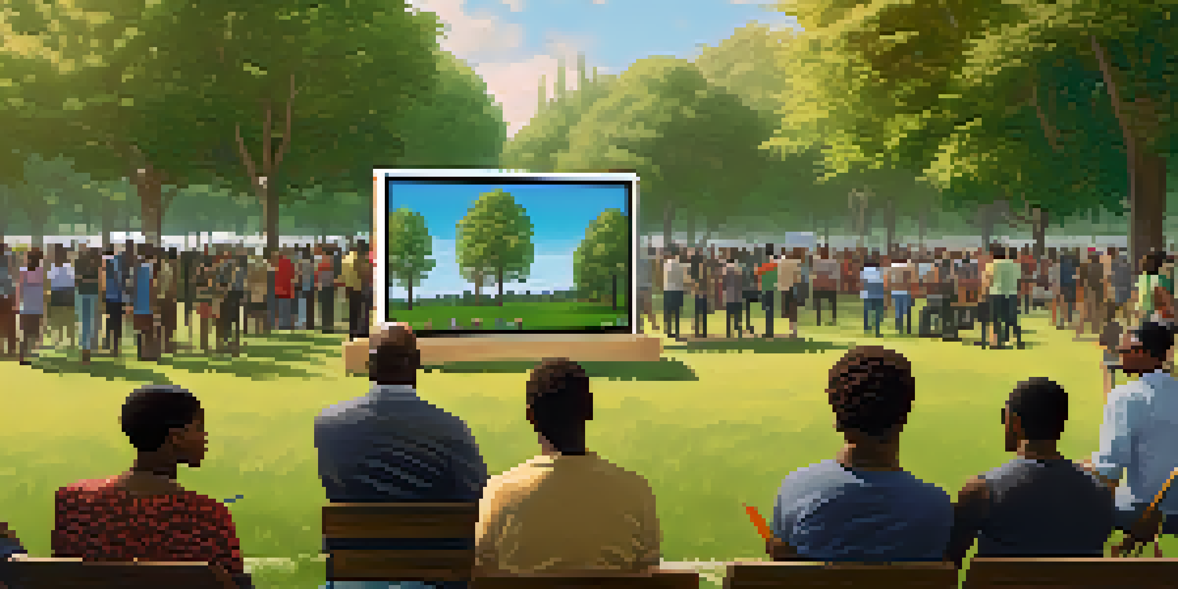 A diverse group of people in a park, gathered around a digital screen showing a voting interface, engaging in discussions about governance.