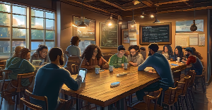 A diverse group of individuals having discussions at a Bitcoin meetup in a coffee shop, with warm lighting and wooden tables.