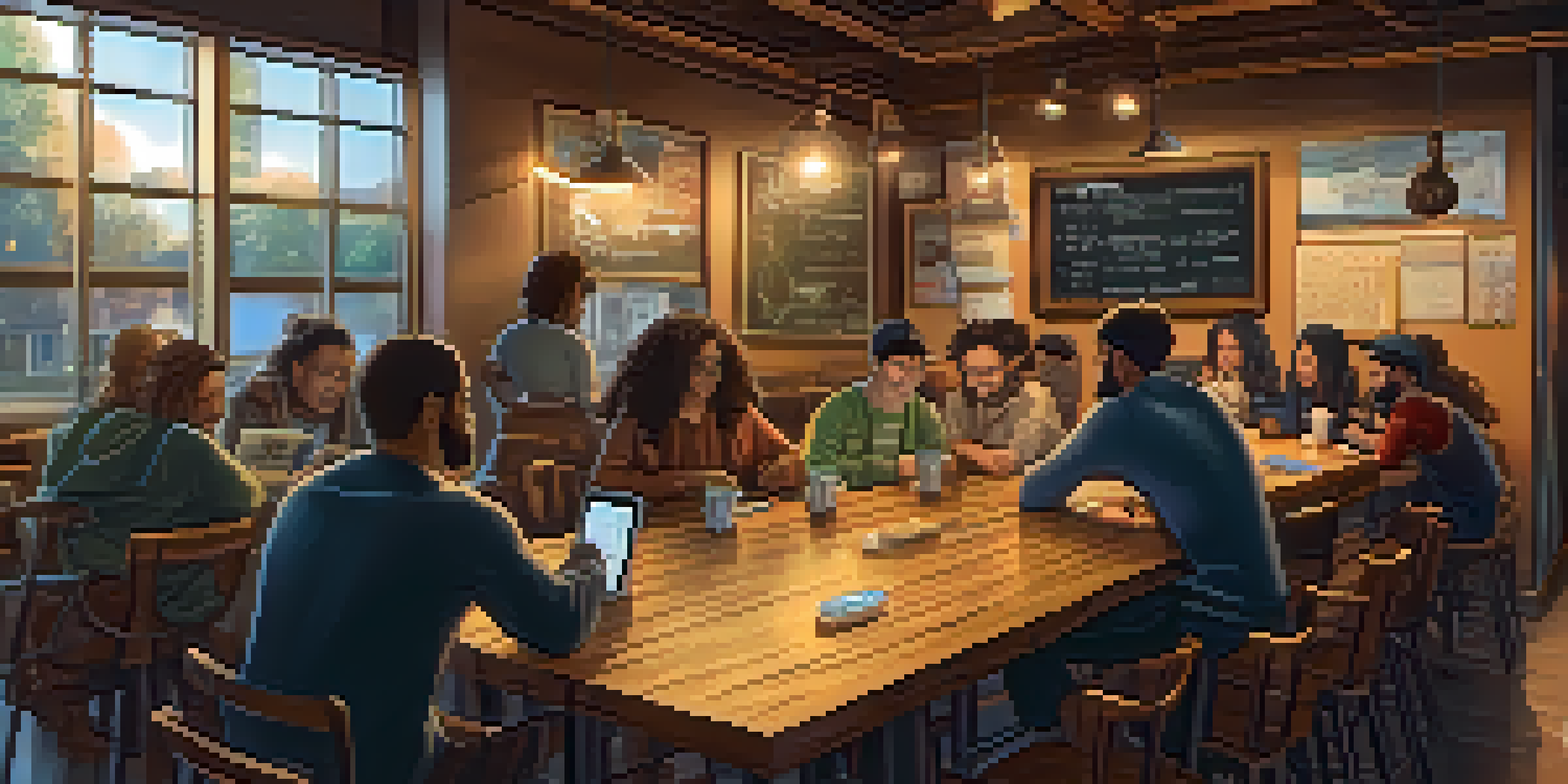 A diverse group of individuals having discussions at a Bitcoin meetup in a coffee shop, with warm lighting and wooden tables.