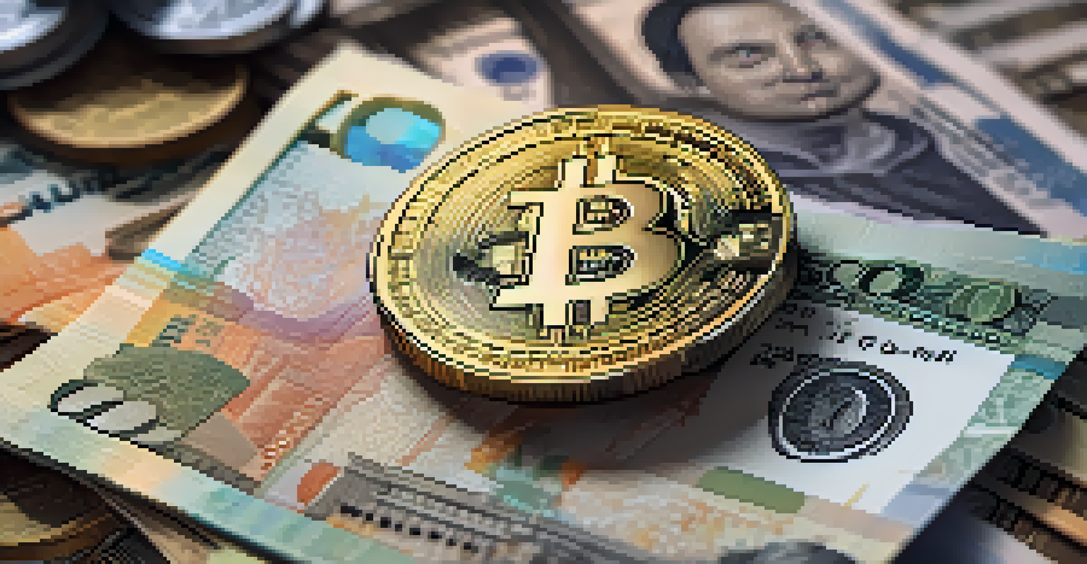 A close-up of a Bitcoin coin on top of various international banknotes, with a warm lighting effect and a blurred financial district in the background.