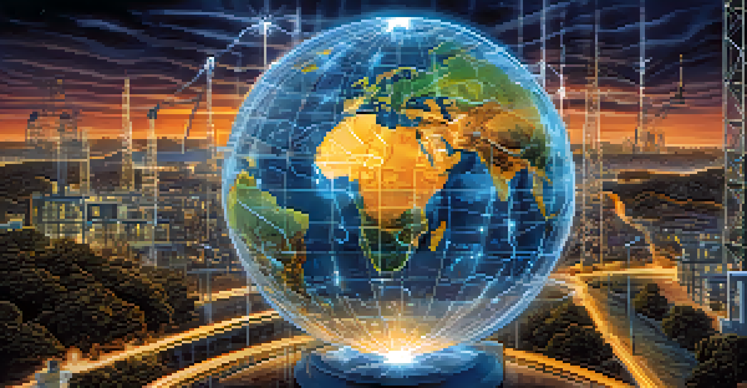An artistic representation of the globe showing Bitcoin mining activity and energy consumption, with urban and natural landscapes in the background.