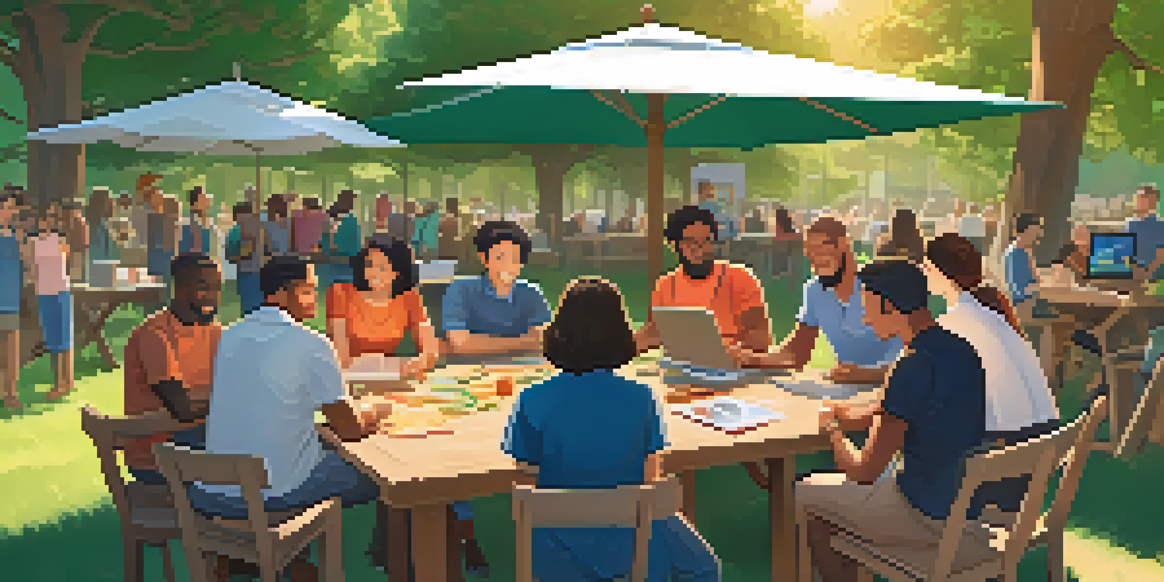 A diverse group of people participating in a Bitcoin education workshop outdoors in a sunny park, surrounded by greenery.