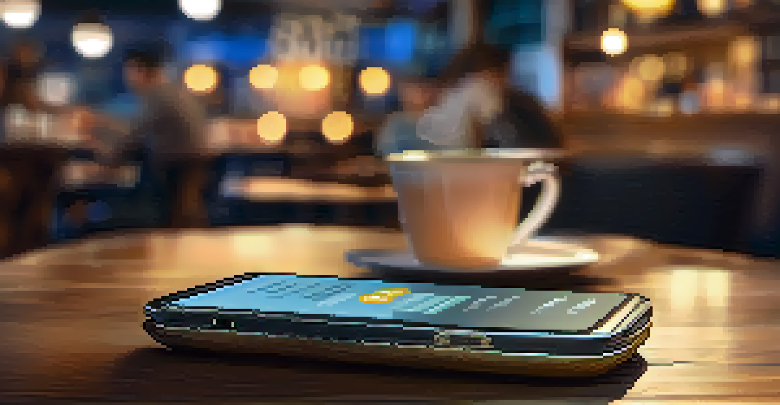 A smartphone displaying a multi-currency digital wallet in a cozy coffee shop setting.