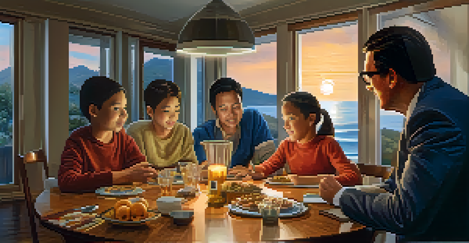 A family discussing wealth management with charts on a dining table in a warmly lit room during sunset.