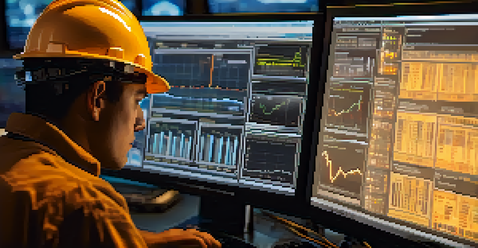 A close-up of a miner's hands working on a computer with multiple screens showing mining data.
