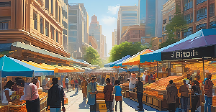 A lively marketplace with people using mobile devices for Bitcoin transactions, surrounded by colorful stalls and digital screens.