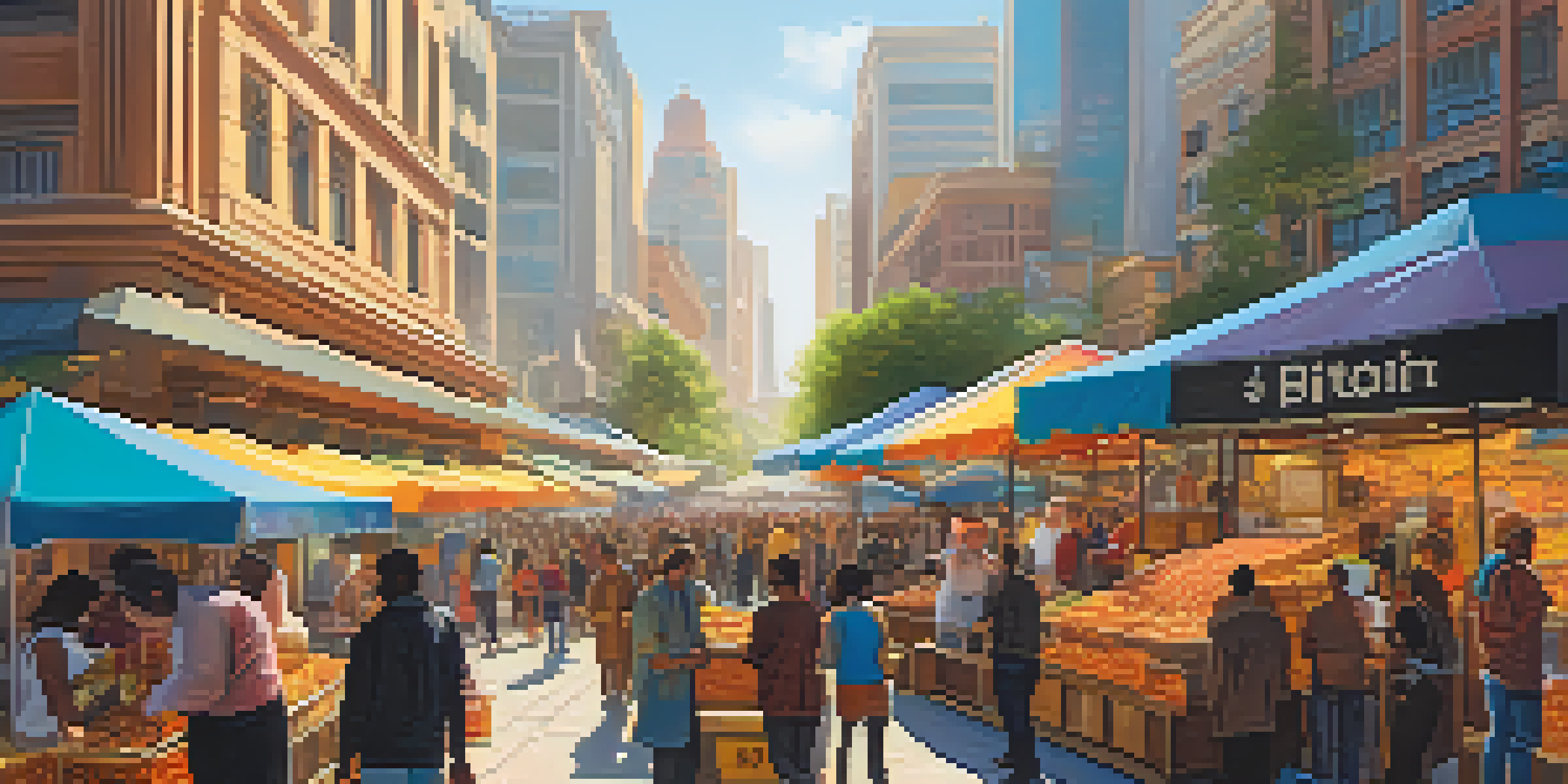 A lively marketplace with people using mobile devices for Bitcoin transactions, surrounded by colorful stalls and digital screens.