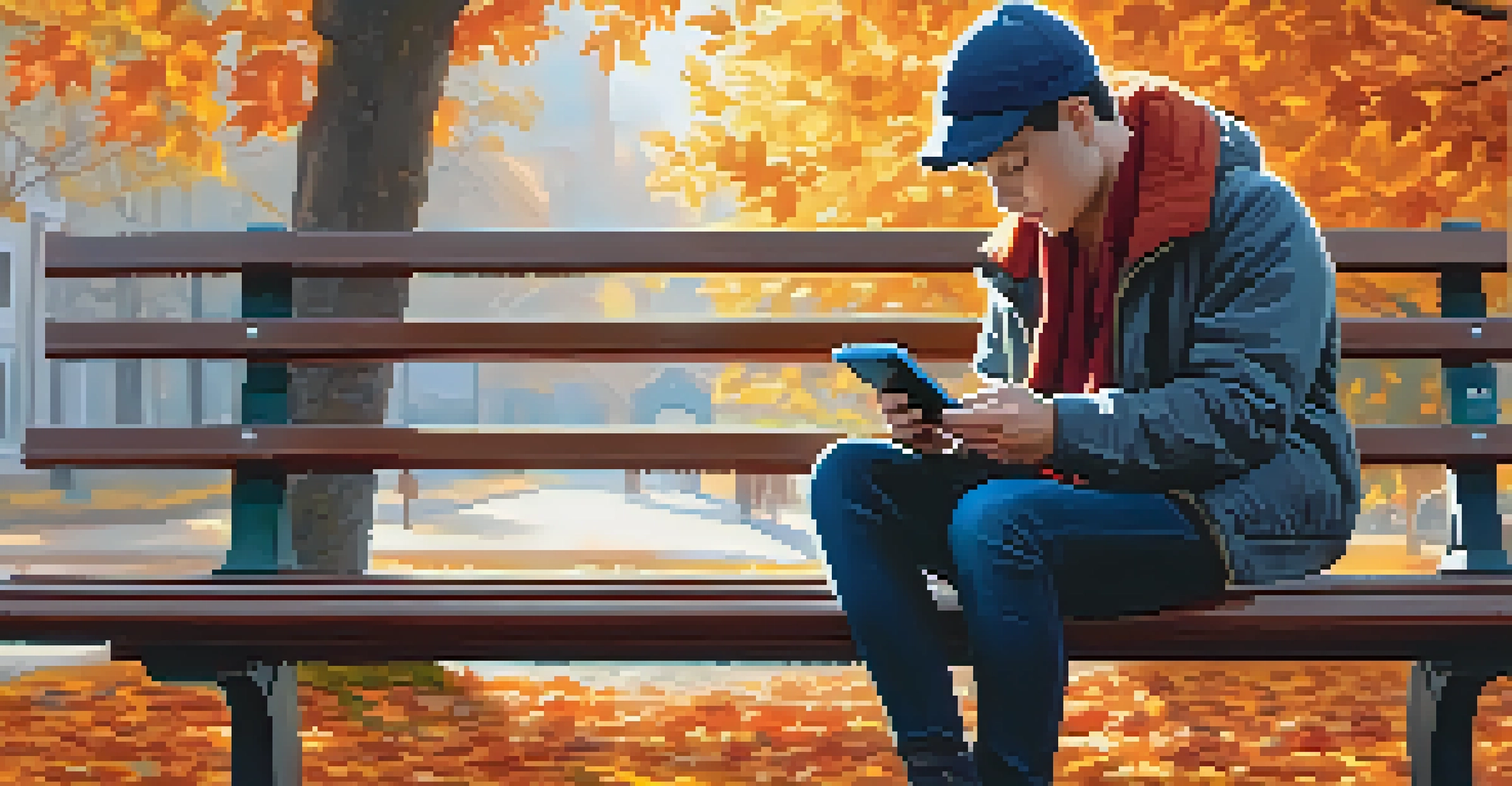 A person on a park bench studying Bitcoin market trends on a smartphone surrounded by colorful autumn leaves.