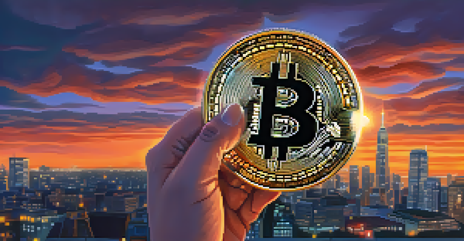 A close-up of a hand holding a Bitcoin with a blurred city skyline at twilight in the background.