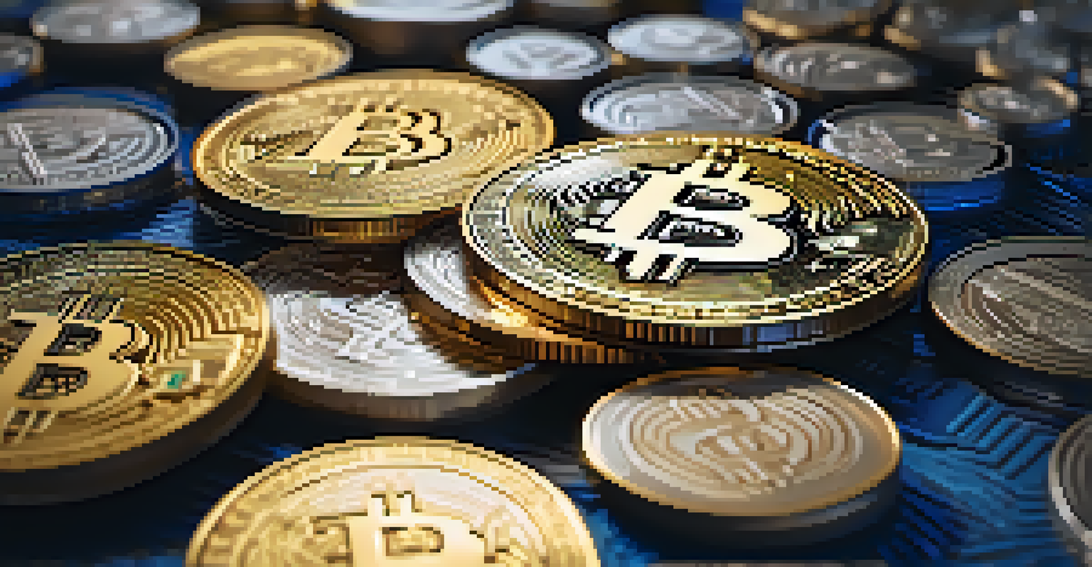 A close-up of a bitcoin coin surrounded by gold and silver coins.