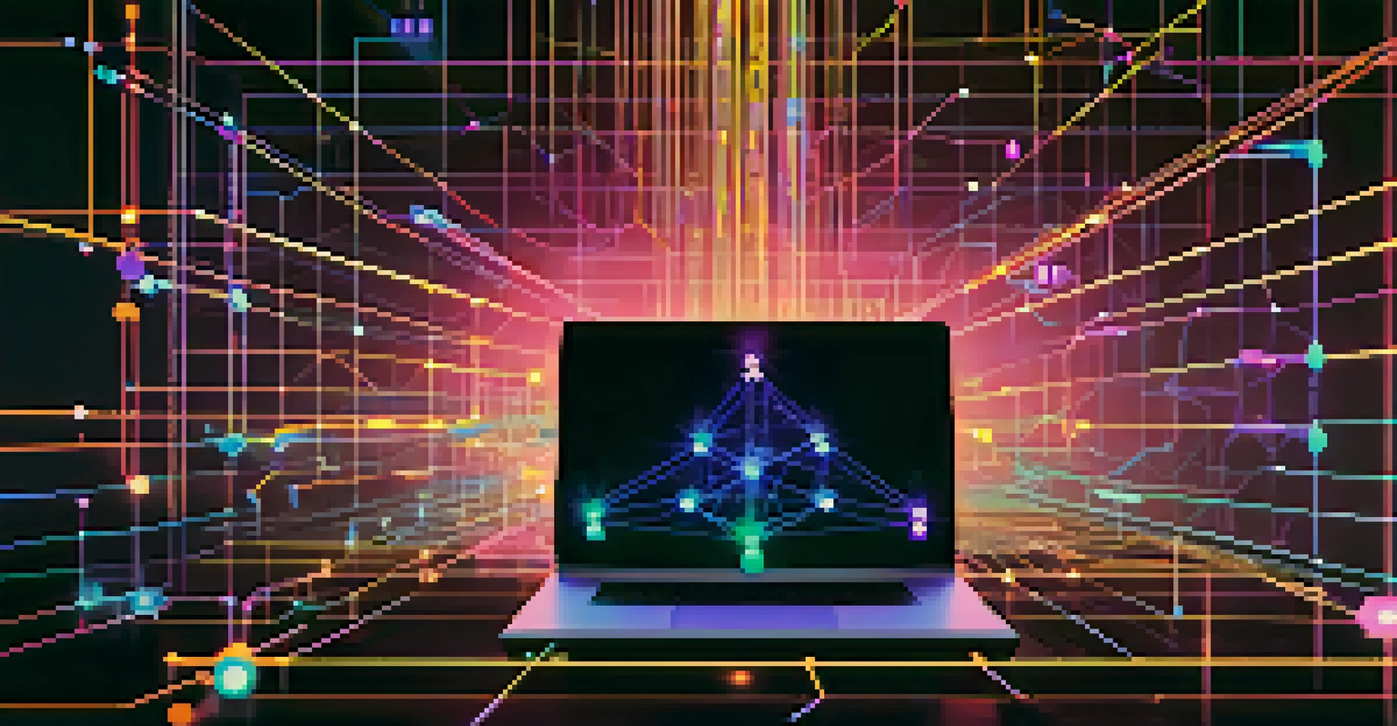 A close-up of a computer screen showing a neon-colored blockchain network diagram in a dimly lit environment.