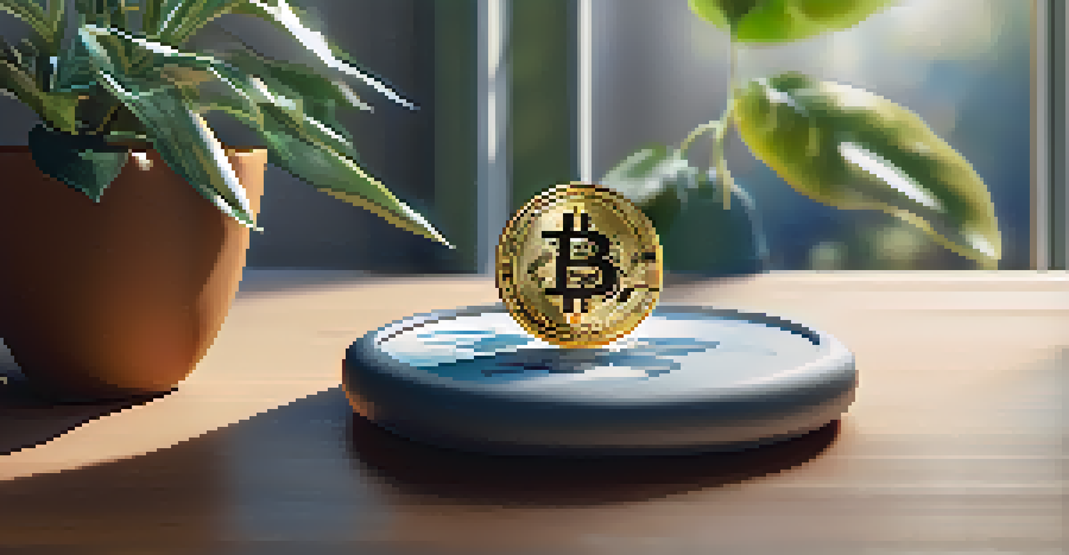 A close-up of a Bitcoin coin on a wooden surface, surrounded by plants and a coffee cup, depicting a blend of technology and everyday life.