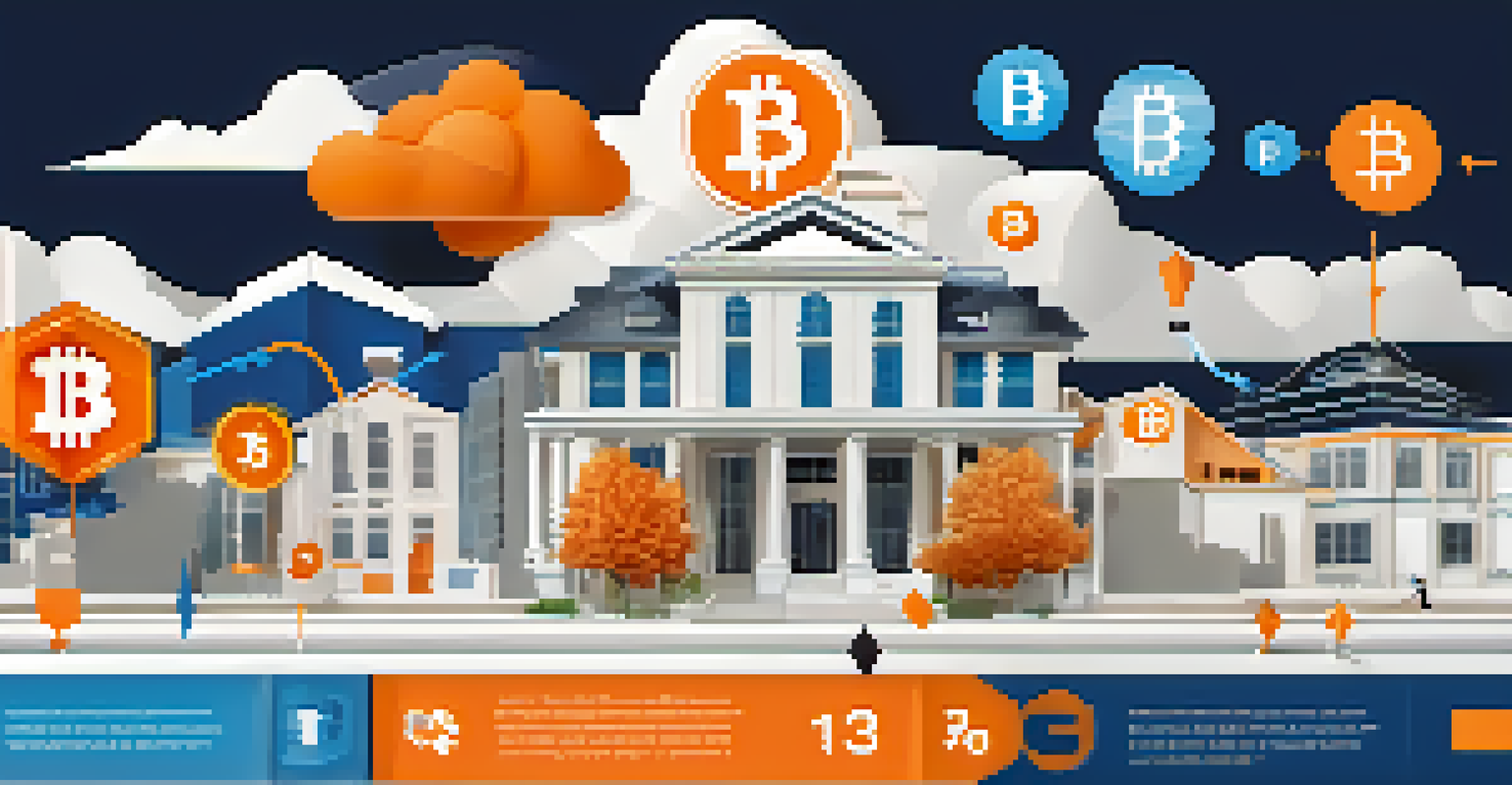 An infographic illustrating the evolution of real estate transactions with Bitcoin and blockchain technology, featuring icons and a modern color palette.
