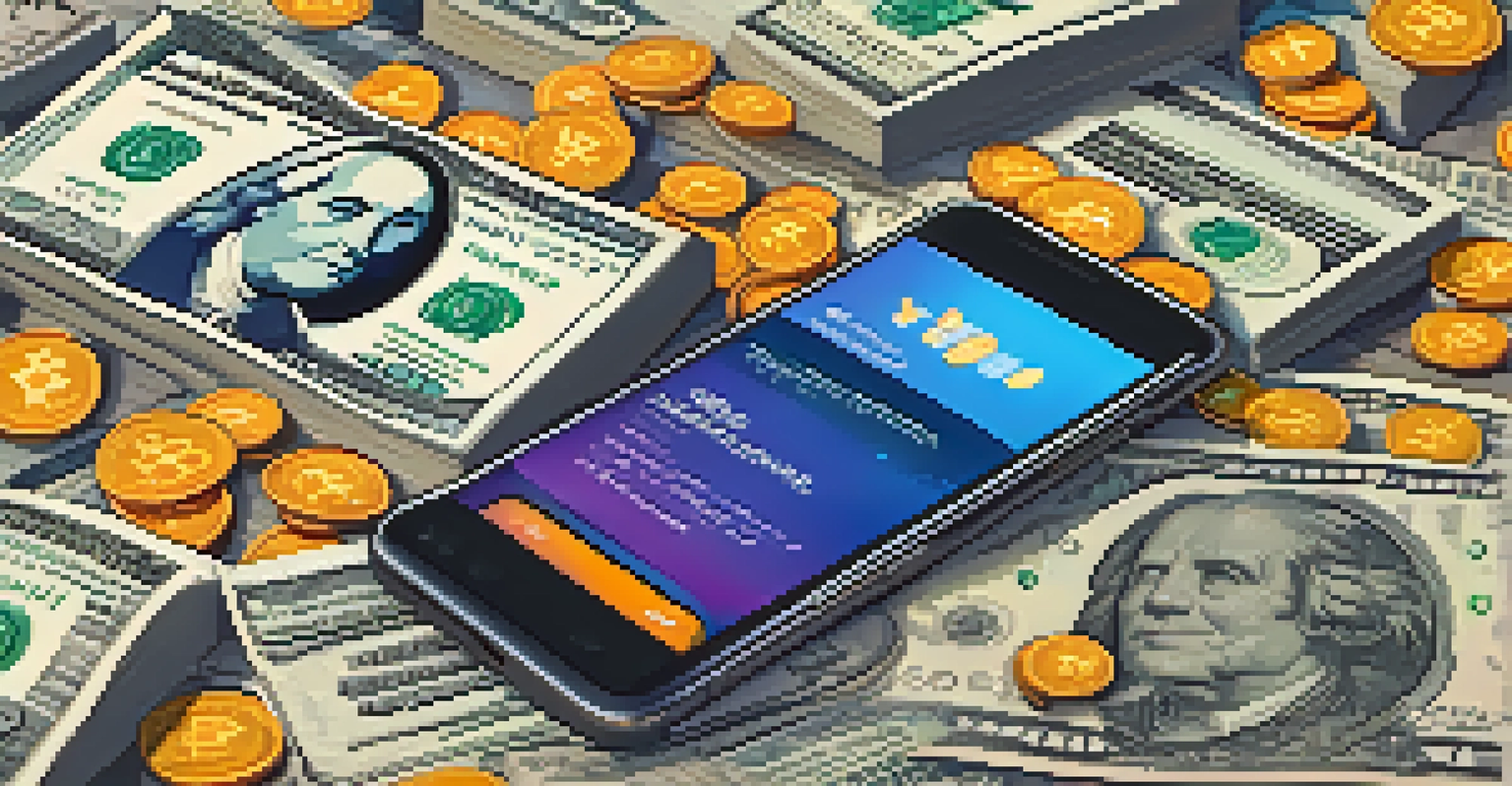 A smartphone with a Bitcoin wallet app on the screen, placed on a background of traditional currency notes.