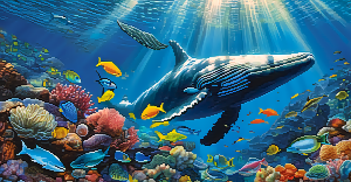 An underwater scene featuring a large whale surrounded by colorful fish and illuminated by sunlight.