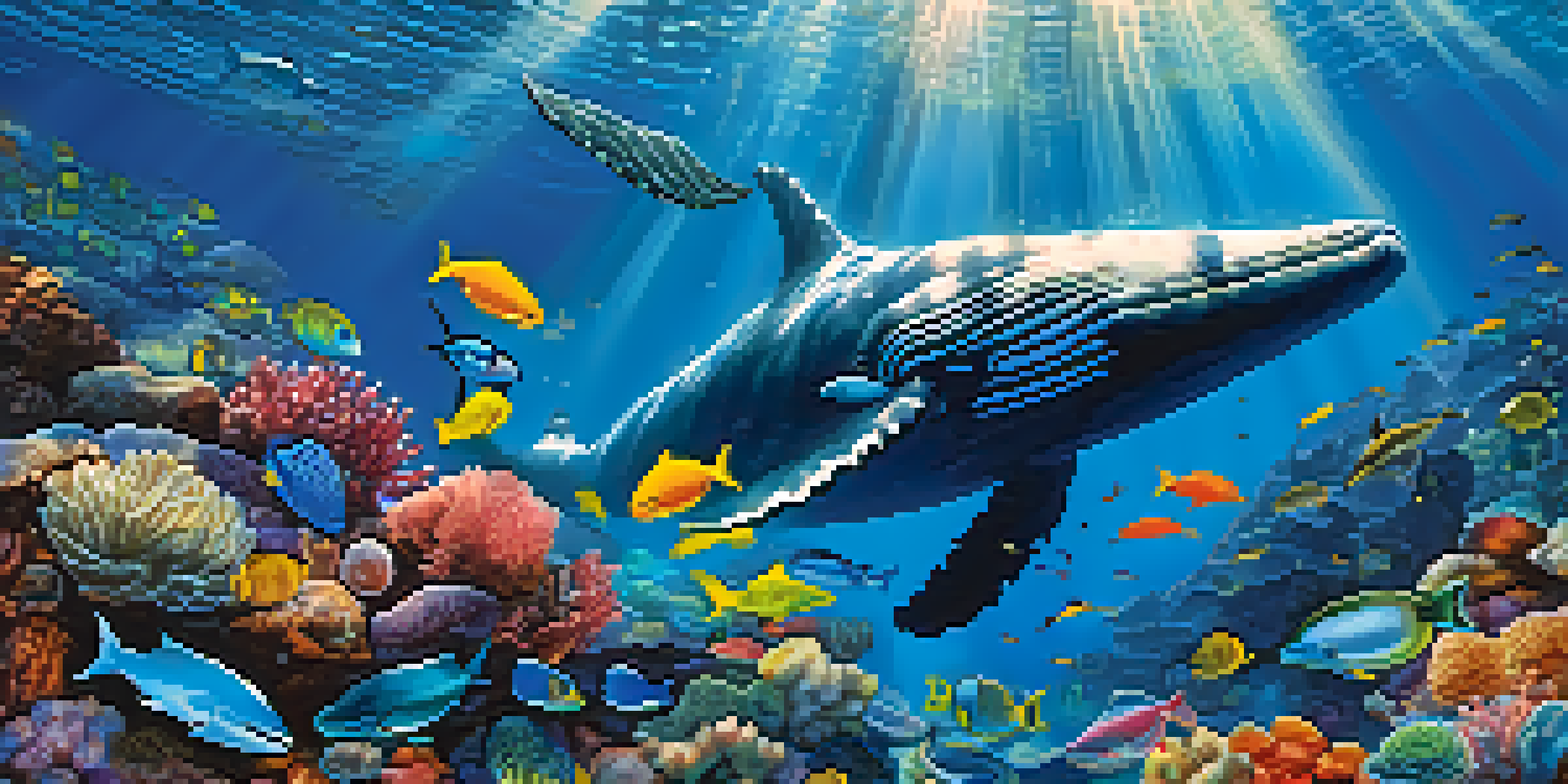 An underwater scene featuring a large whale surrounded by colorful fish and illuminated by sunlight.