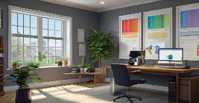 A modern office space with a wooden desk, computer displaying cryptocurrency charts, and framed regulatory documents on the wall.