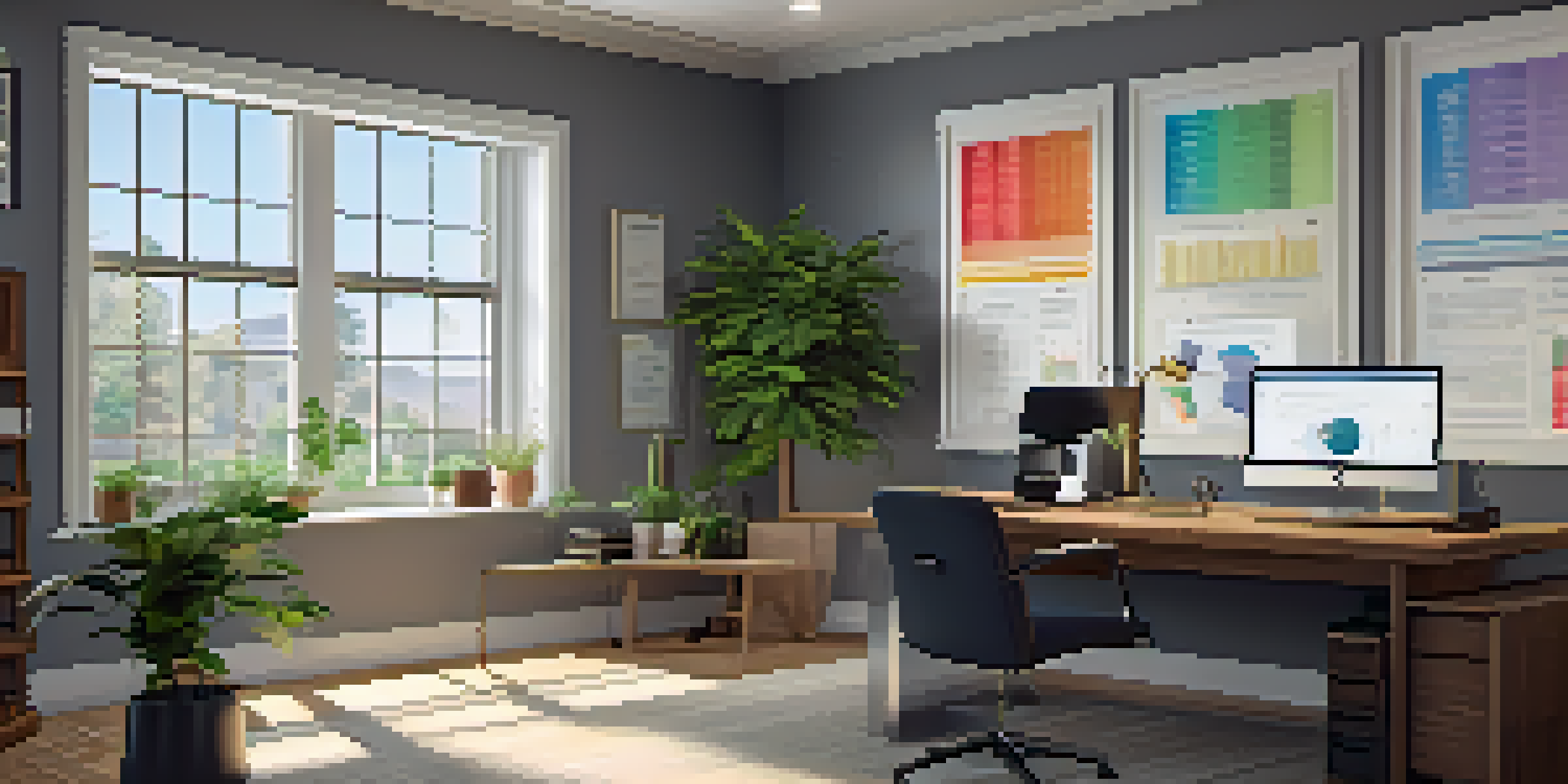 A modern office space with a wooden desk, computer displaying cryptocurrency charts, and framed regulatory documents on the wall.