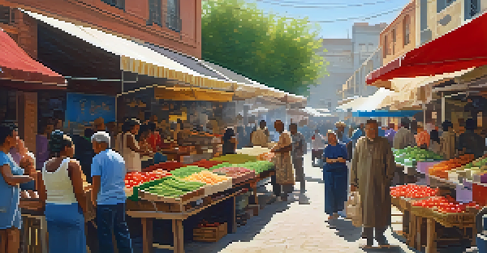 A colorful street market with diverse individuals selling handmade crafts and fresh produce under vibrant awnings, illuminated by warm sunlight.