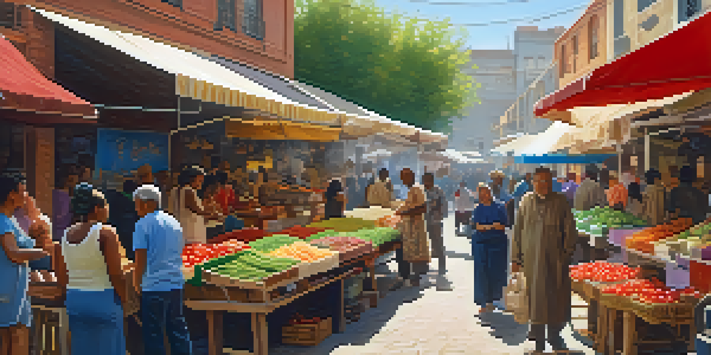 A colorful street market with diverse individuals selling handmade crafts and fresh produce under vibrant awnings, illuminated by warm sunlight.