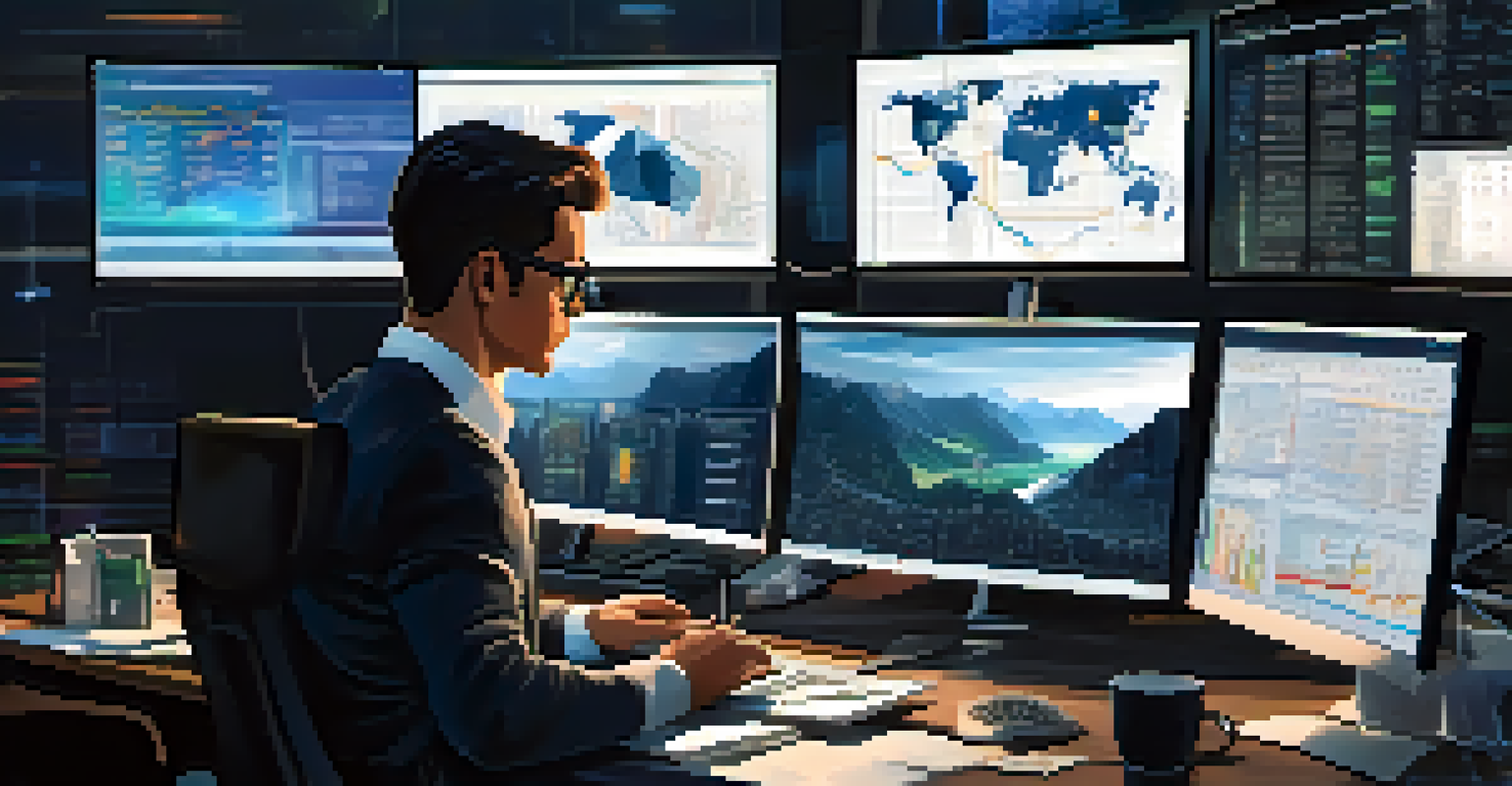 A financial analyst working at a desk with multiple monitors showing cryptocurrency charts and financial reports.