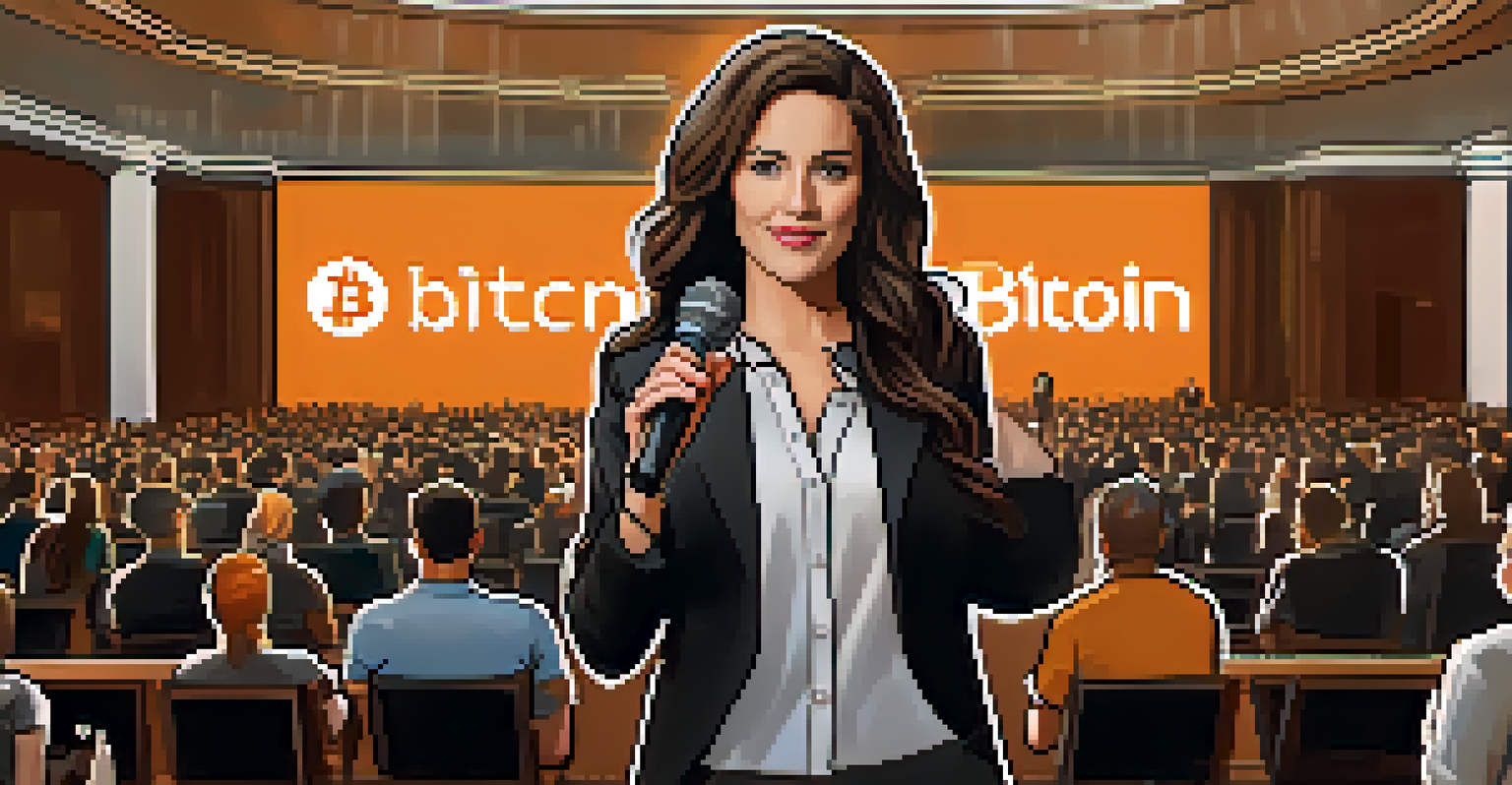 A confident female leader in the Bitcoin community addressing an audience on stage, with the Bitcoin logo displayed behind her.