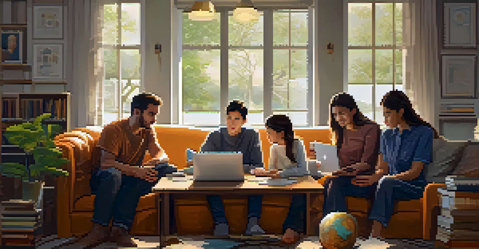 A family gathered around a laptop discussing financial literacy and Bitcoin in a warm, educational setting filled with books.
