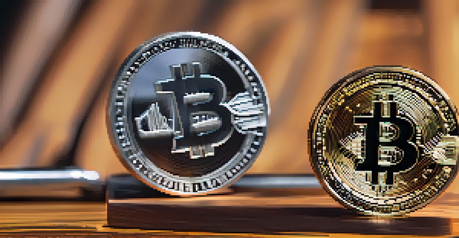 Two coins labeled Bitcoin Cash and Bitcoin SV on a wooden table with a blurred tech background.