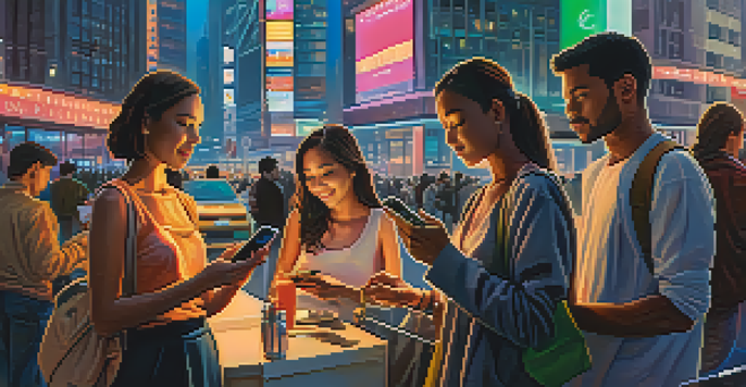 A city street at dusk with people using smartphones for transactions amidst modern skyscrapers and neon lights.