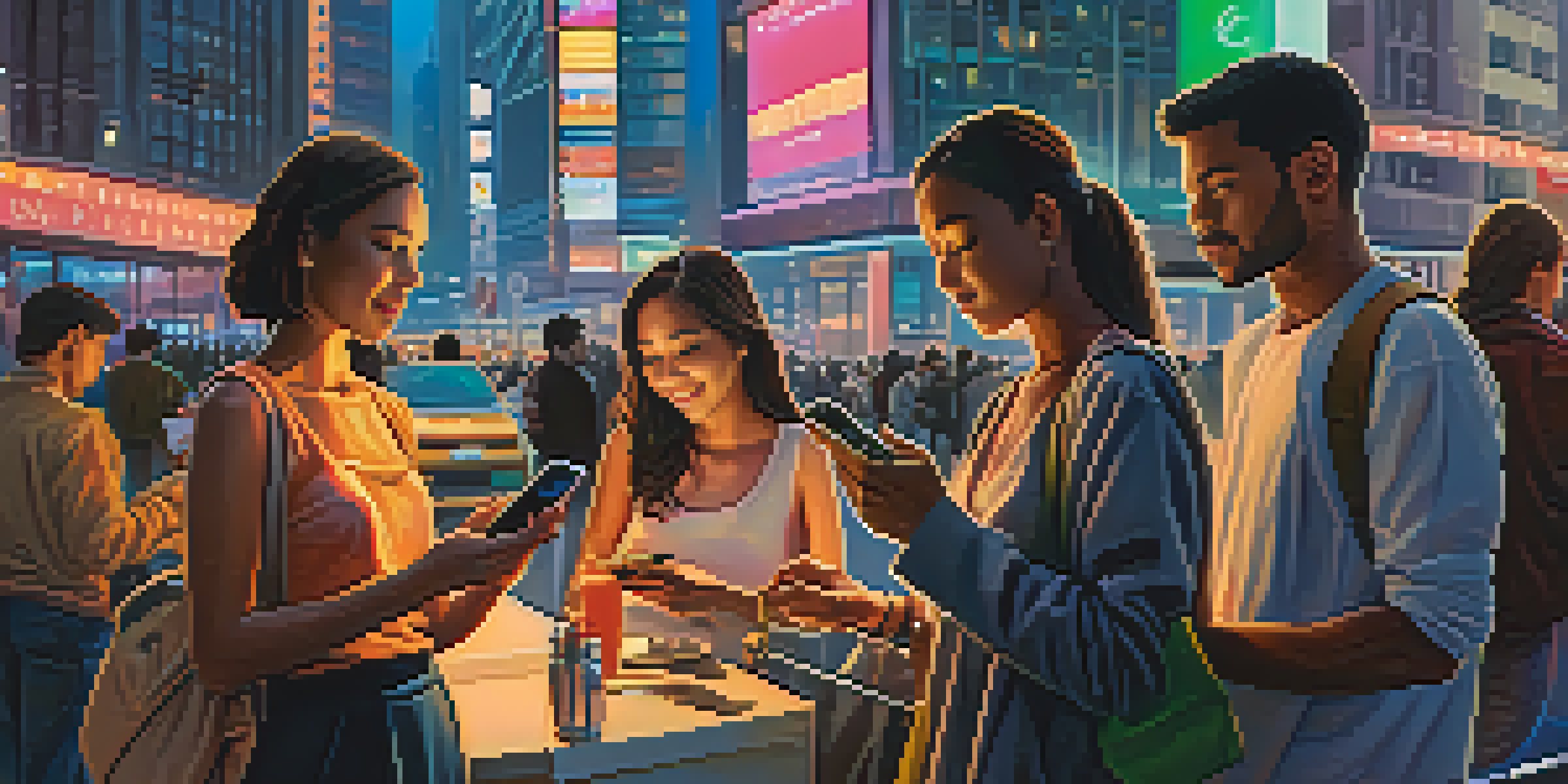 A city street at dusk with people using smartphones for transactions amidst modern skyscrapers and neon lights.