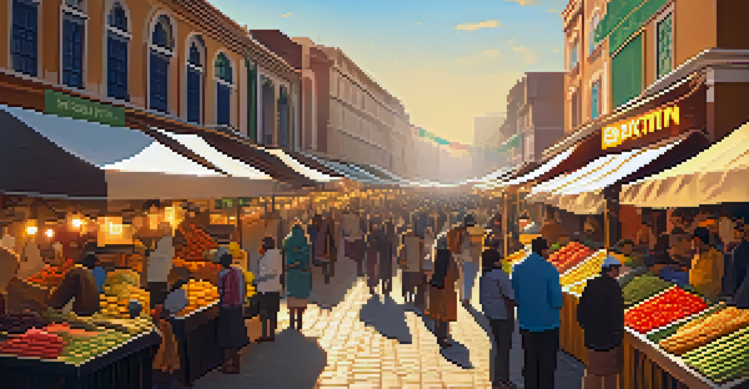 A lively urban marketplace with vendors accepting Bitcoin payments, filled with diverse travelers and colorful stalls.