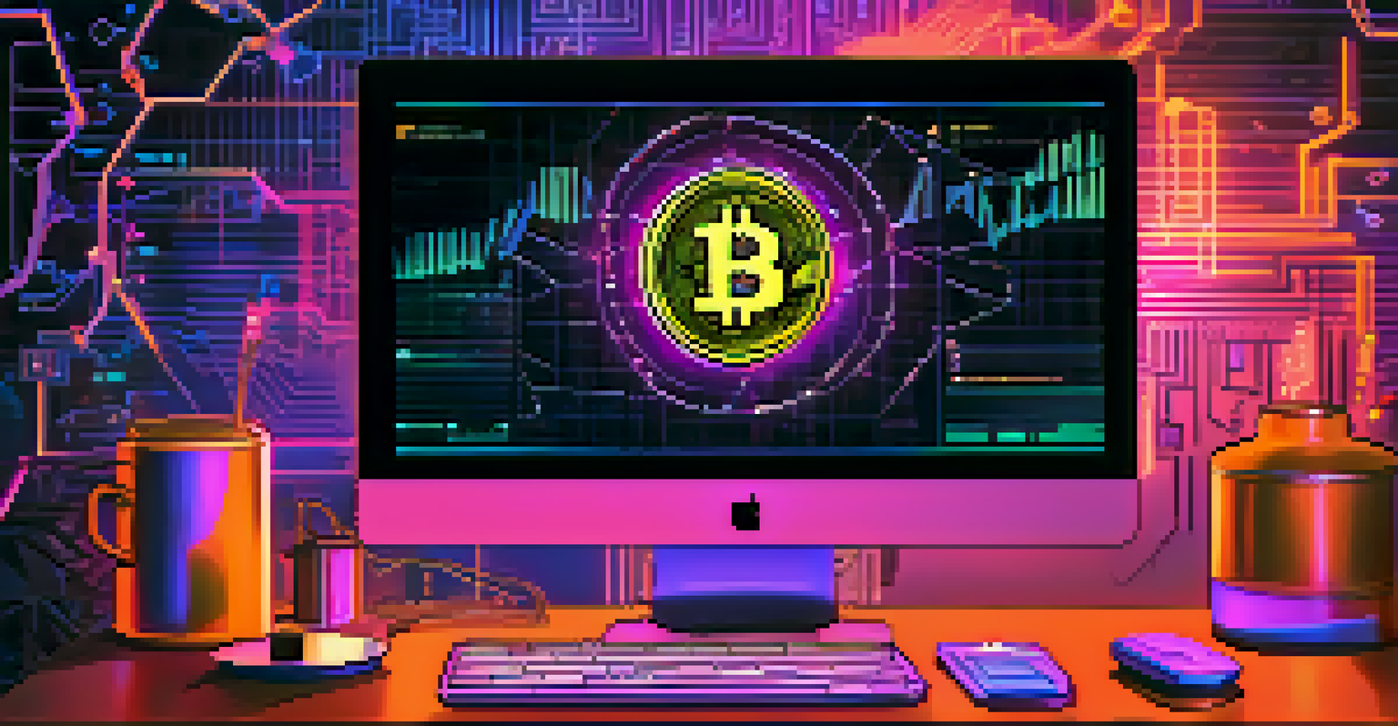 A digital Bitcoin wallet displayed on a computer screen with blockchain graphics and floating Bitcoin symbols in a dimly lit room.