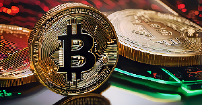 A close-up image of a Bitcoin on a reflective surface, with a blurred stock market screen in the background, depicting investment volatility.