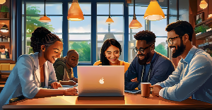 A group of diverse remote workers collaborating in a cozy coffee shop, showcasing global teamwork.