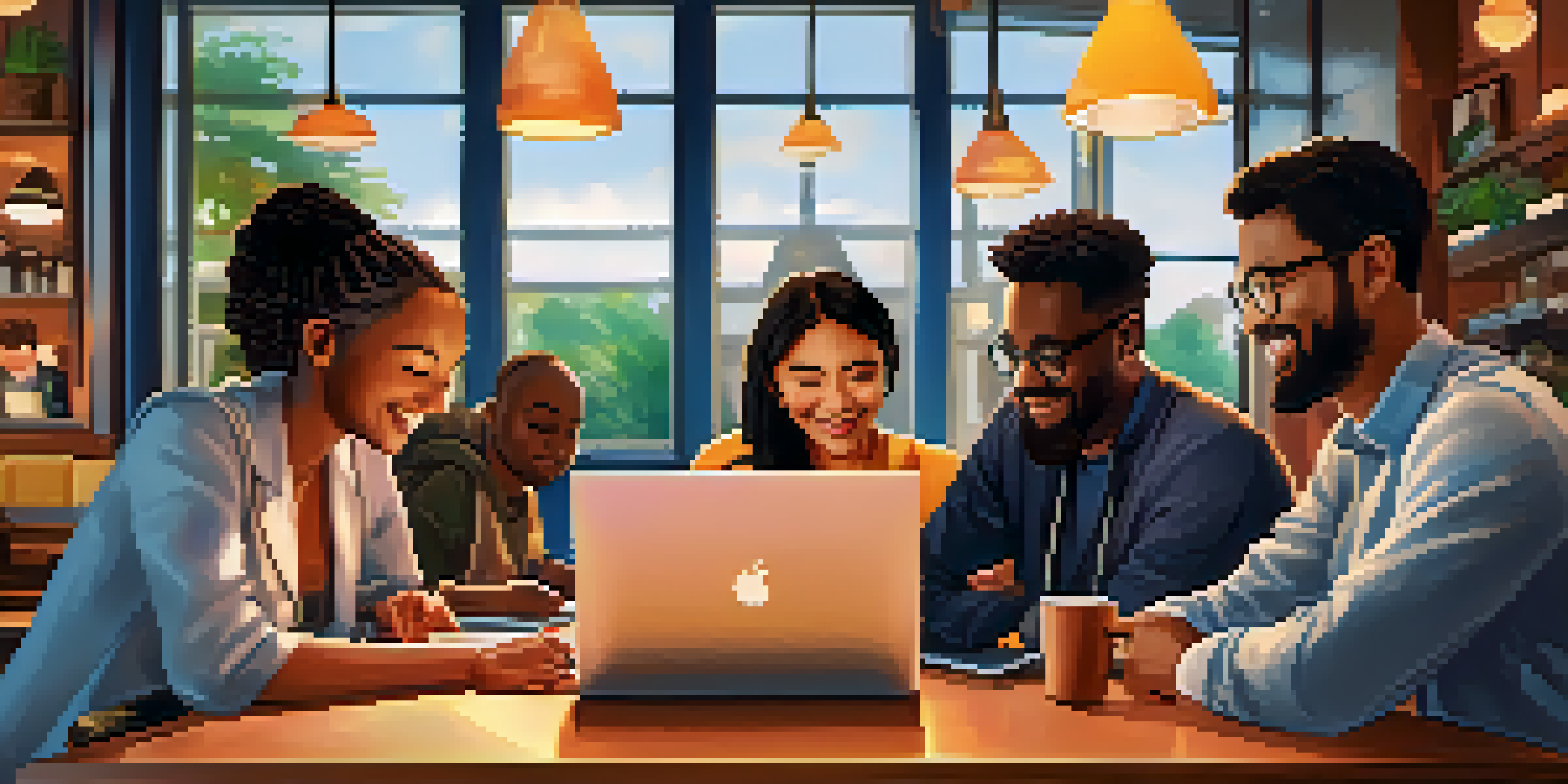 A group of diverse remote workers collaborating in a cozy coffee shop, showcasing global teamwork.