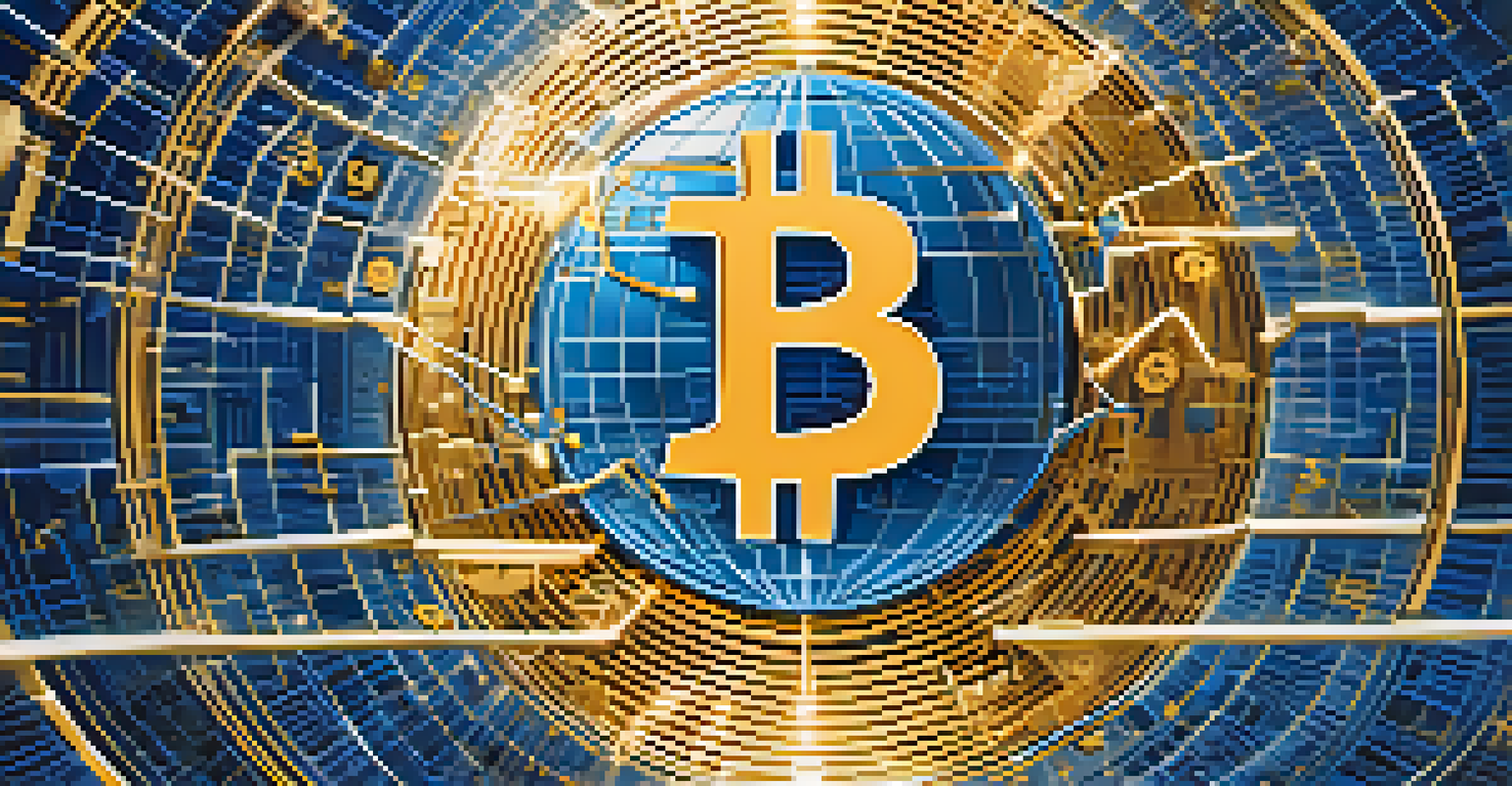 An abstract globe surrounded by digital currency symbols and interconnected lines, representing Bitcoin in global trade.