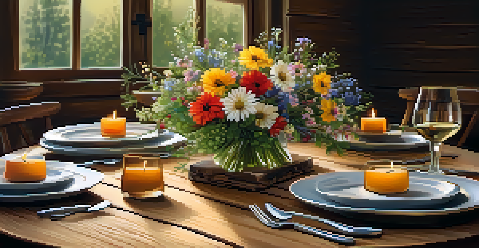 A rustic wooden table set for dinner with wildflowers and candlelight, creating a cozy atmosphere.