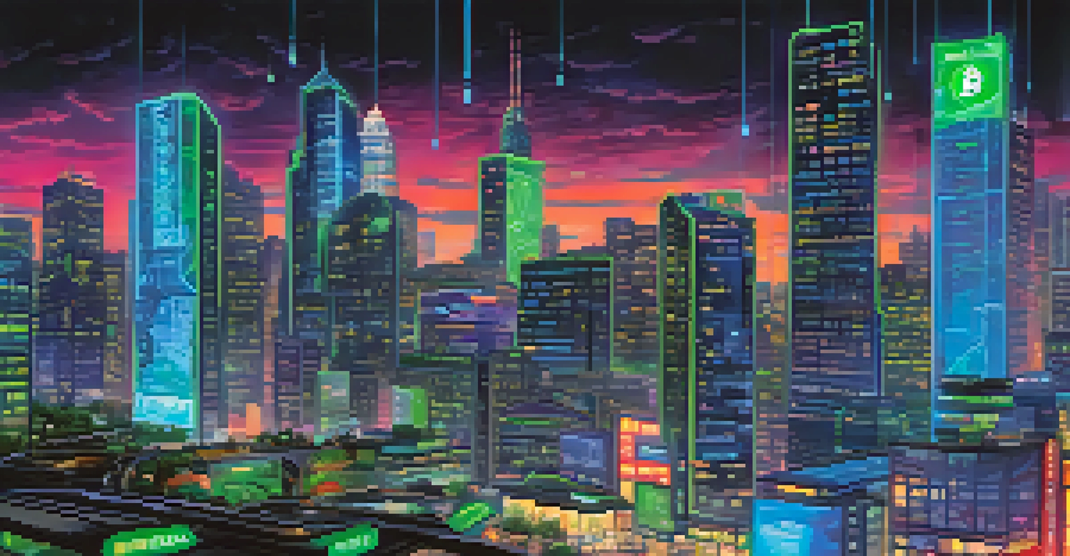 A futuristic city at night with glowing billboards showing Bitcoin prices and a digital blockchain representation.