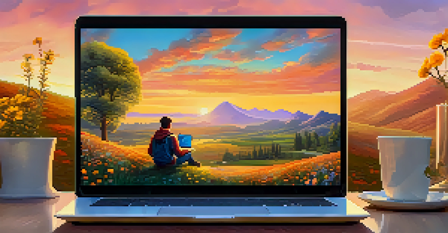A person on a hilltop with a laptop, looking at Bitcoin price charts at sunrise.