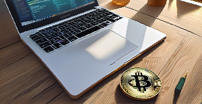 A Bitcoin coin on a wooden table with sunlight shining on it, surrounded by blurred office items.