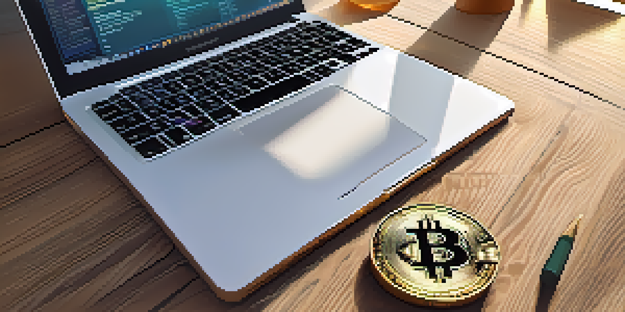 A Bitcoin coin on a wooden table with sunlight shining on it, surrounded by blurred office items.