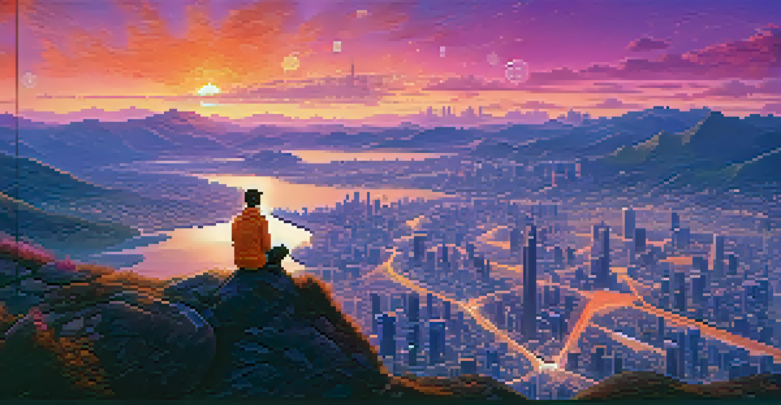A person sitting on a mountain peak watching a sunset over a digital skyline filled with cryptocurrency symbols.
