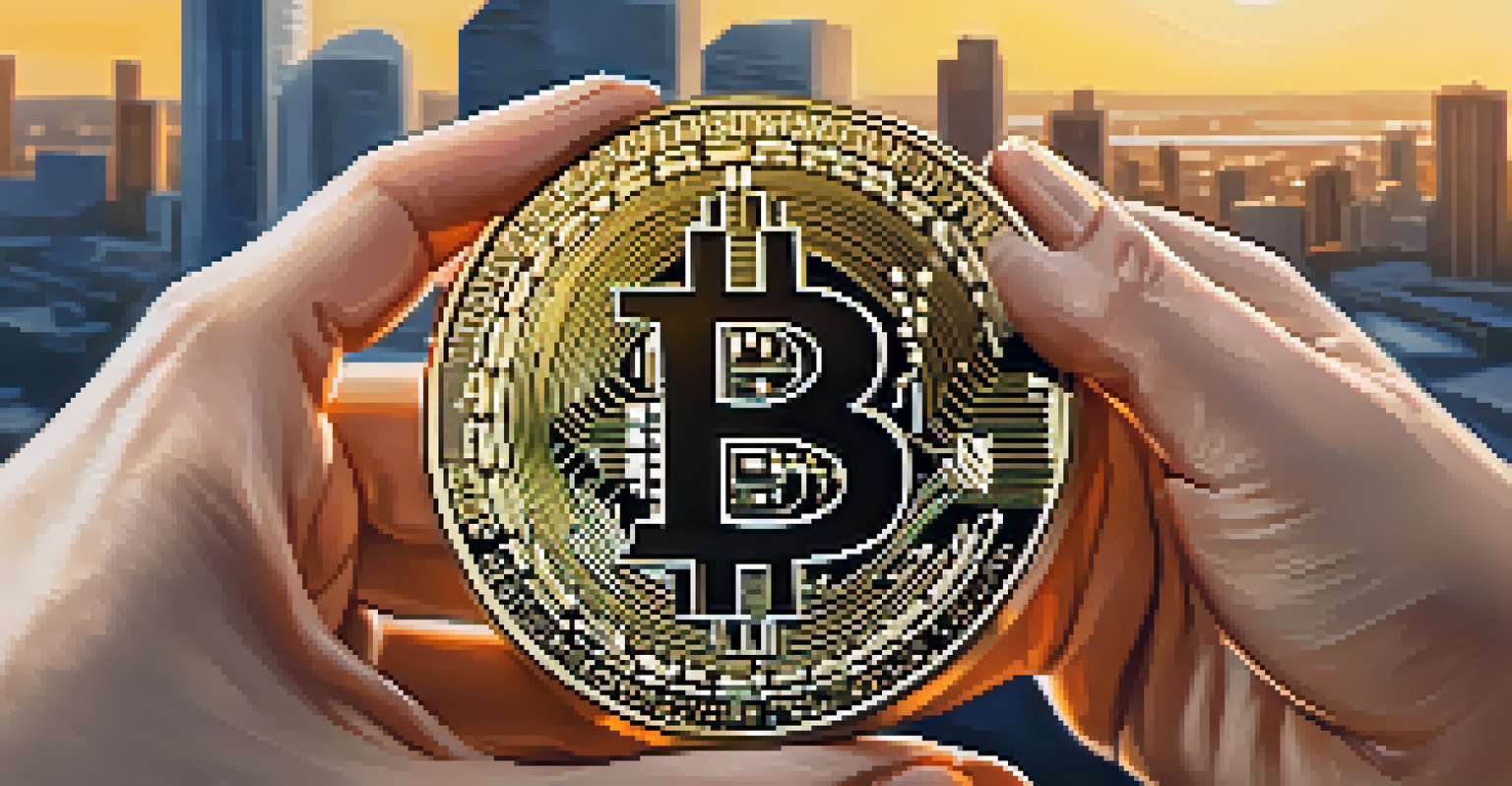 Hands exchanging a golden Bitcoin coin against a blurred city skyline, representing the transfer of wealth and digital finance.