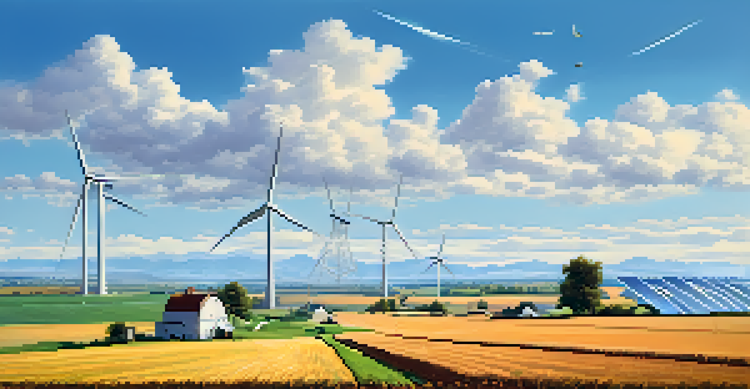 A peaceful farm landscape with solar panels, wind turbines, and a farmer tending to crops.