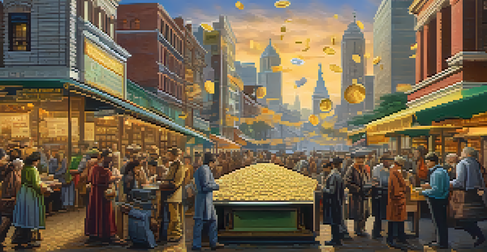 A visual timeline illustrating the evolution of money, from barter systems to digital currencies, against a backdrop of a vibrant city.