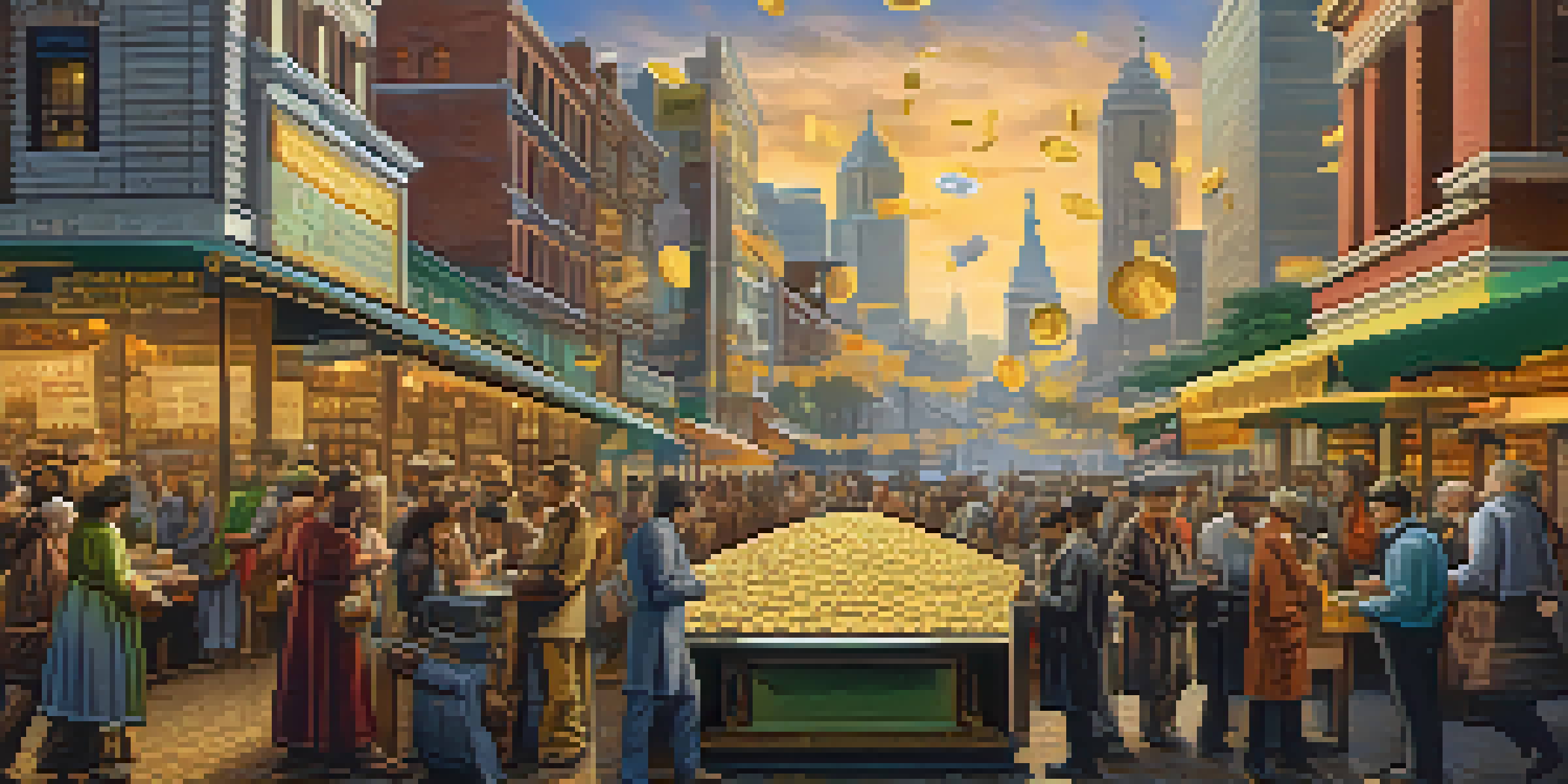 A visual timeline illustrating the evolution of money, from barter systems to digital currencies, against a backdrop of a vibrant city.